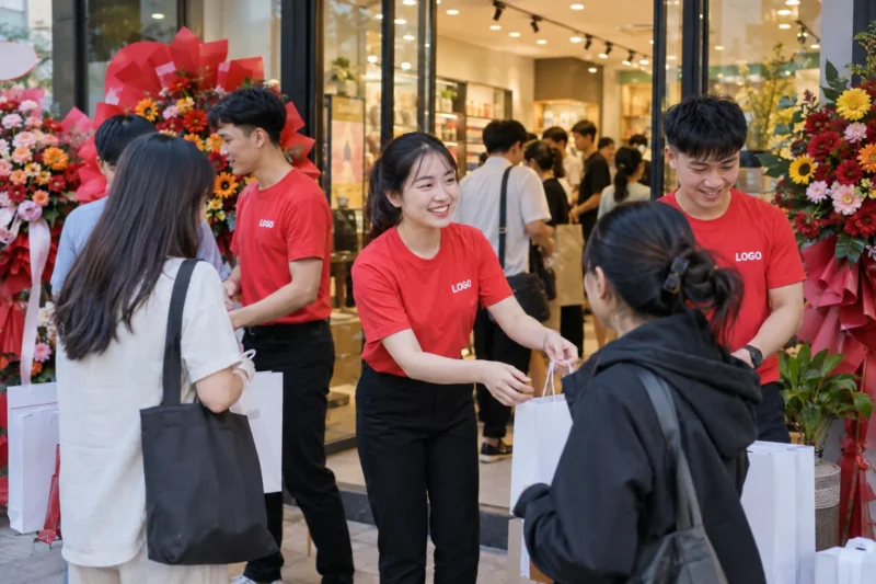 Áo khai trương có màu sắc và logo dễ nhận diện