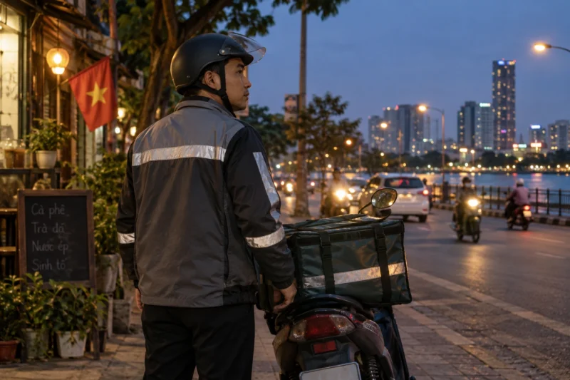 Áo khoác phản quang giao hàng trong điều kiện thiếu sáng