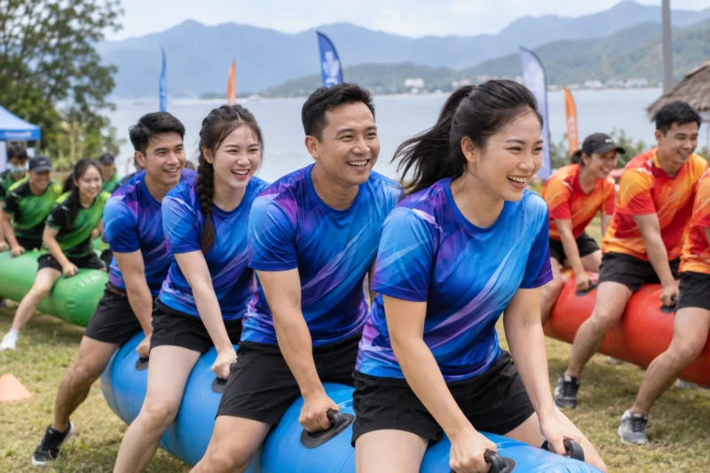 Áo team building in chuyển nhiệt toàn thân nhiều màu đội