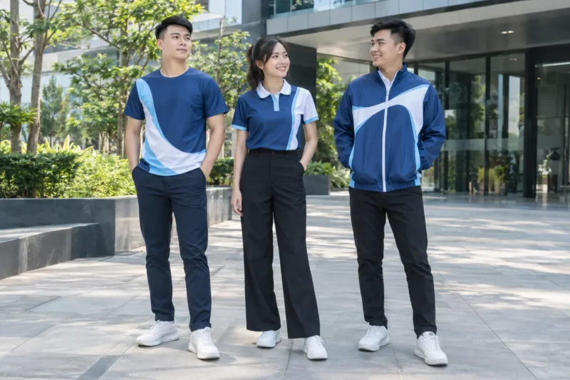 Bộ đồng phục công ty gồm áo thun polo và áo gió in chuyển nhiệt