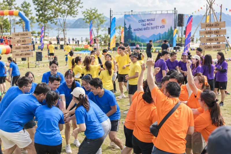 Các đội mặc đồng phục nhiều màu trong chương trình teambuilding