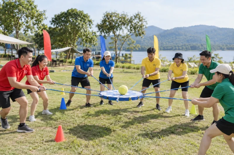 Các đội team building mặc cùng mẫu áo khác màu