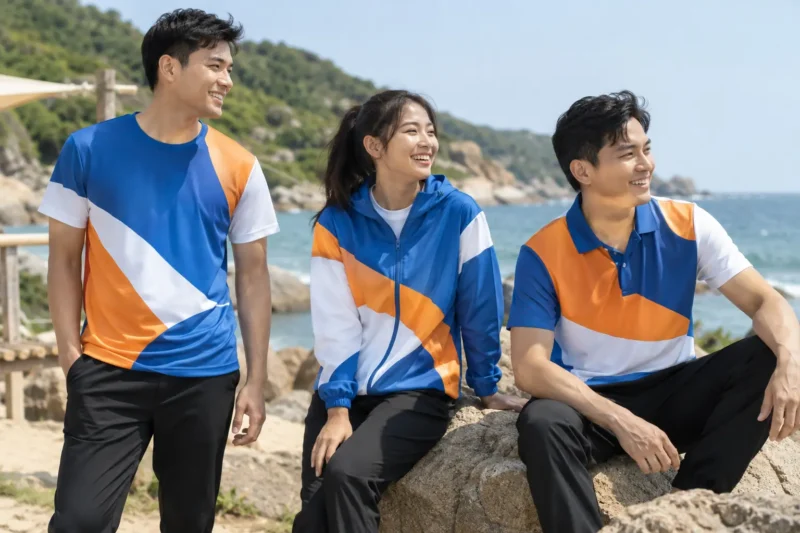 Các kiểu áo team building in chuyển nhiệt gồm áo thun áo polo và áo gió