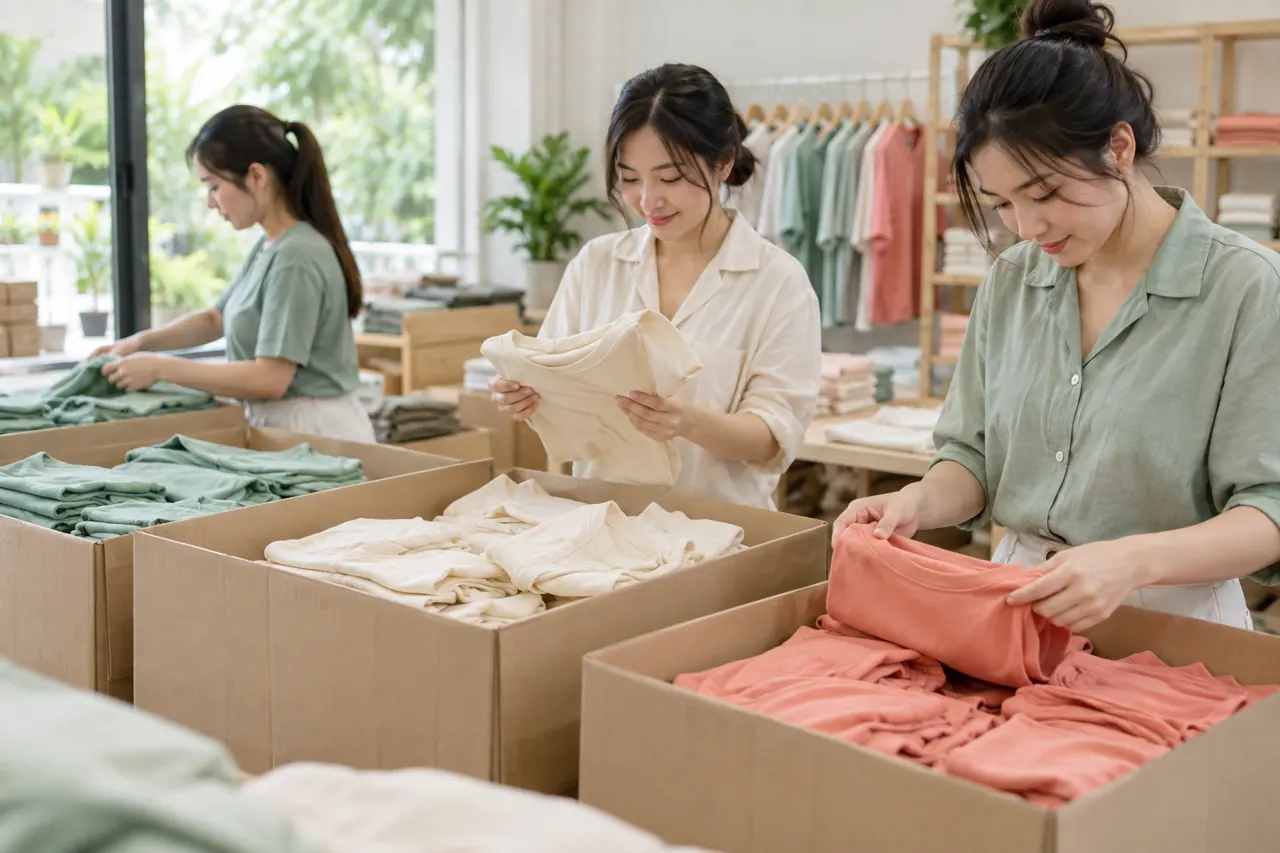 Các thùng áo phân theo size chờ kiểm