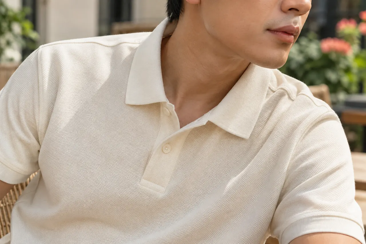 Cận cảnh bề mặt áo polo màu kem