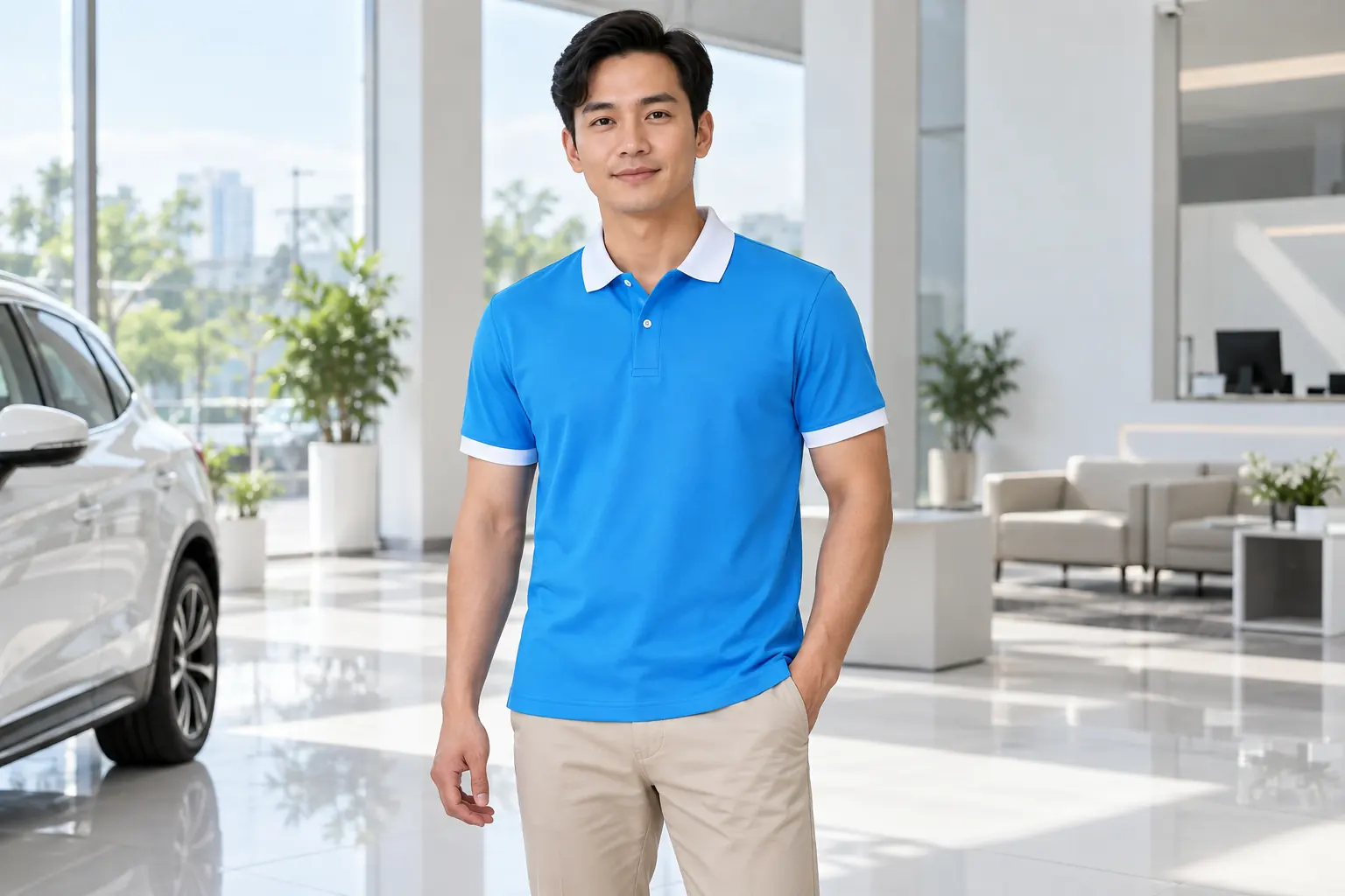 Dáng áo polo đồng phục nam khi đứng