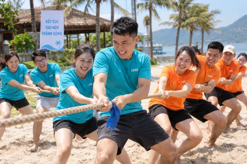 Đoàn nhân viên mặc áo team building trong hoạt động tập thể
