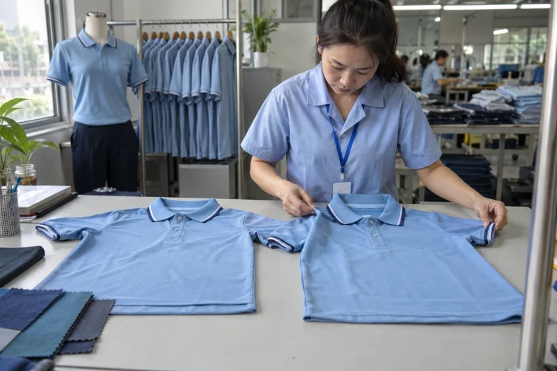 Đối chiếu áo đồng phục thành phẩm với mẫu đã duyệt