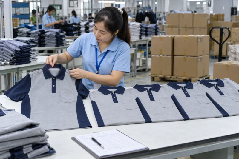 Đối chiếu mẫu chuẩn với lô áo đồng phục trước khi giao