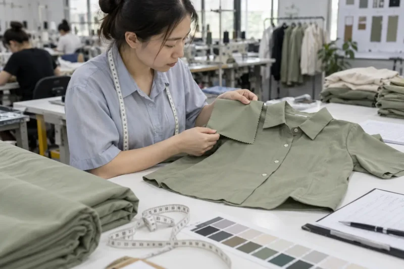 Đối chiếu mẫu vải với áo mẫu trước khi duyệt