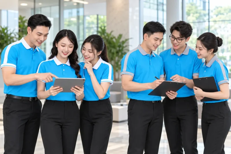 Đội ngũ công ty mặc áo polo đồng phục nhiều bộ phận