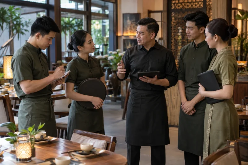 Đội ngũ nhân viên nhà hàng mặc đồng phục đồng bộ