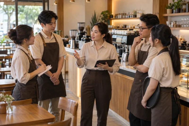 Đội ngũ nhân viên quán cafe mặc đồng phục đồng bộ