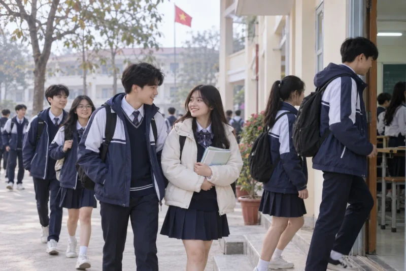 Đồng phục học sinh mùa đông với áo khoác và gile