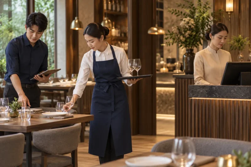Đồng phục nhà hàng sang trọng phối màu hài hòa