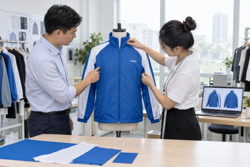 Duyệt áo gió mẫu in chuyển nhiệt trước sản xuất