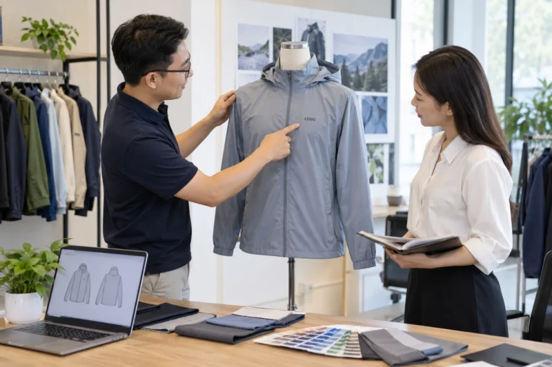 Duyệt mẫu logo áo khoác gió trước sản xuất