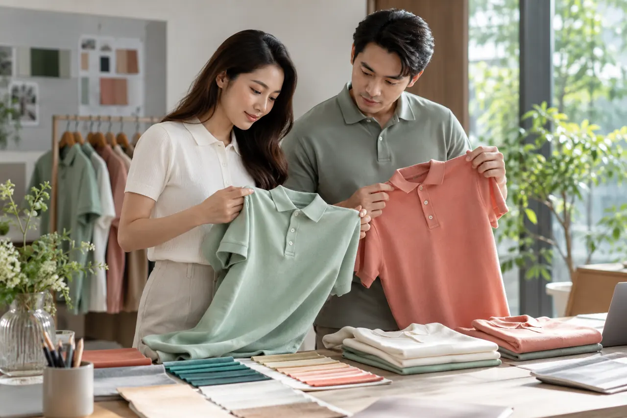 Hai người so màu áo polo tại bàn mẫu