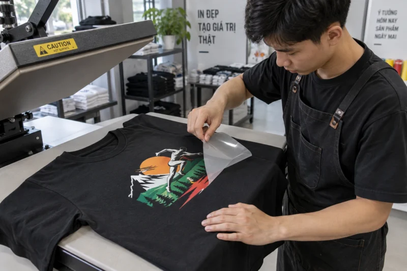 In PET trên áo đen nhiều màu