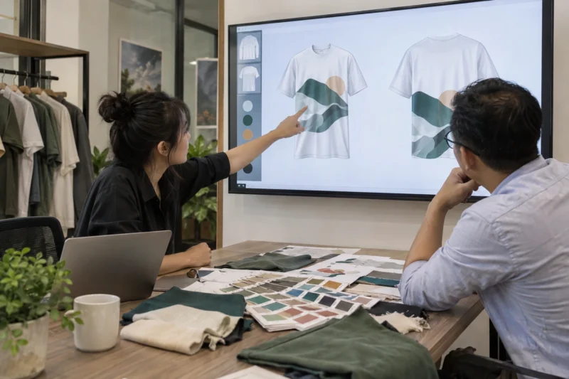 Khách hàng duyệt mockup áo trước khi làm file in