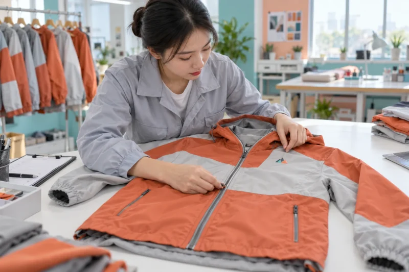 Kiểm tra áo khoác thêu logo hoàn thiện