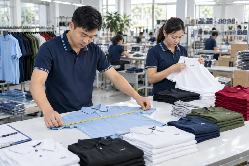 Kiểm tra áo polo đồng phục trước khi đóng gói và giao hàng