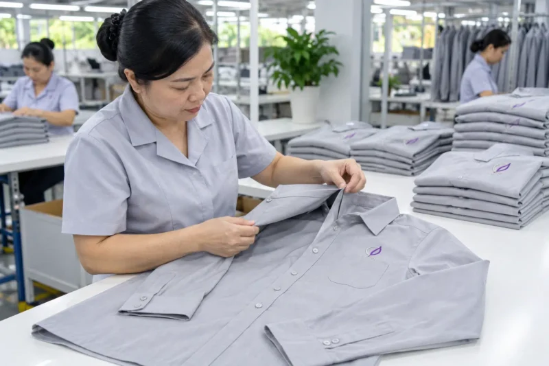 Kiểm tra áo sơ mi thêu logo hoàn thiện 1