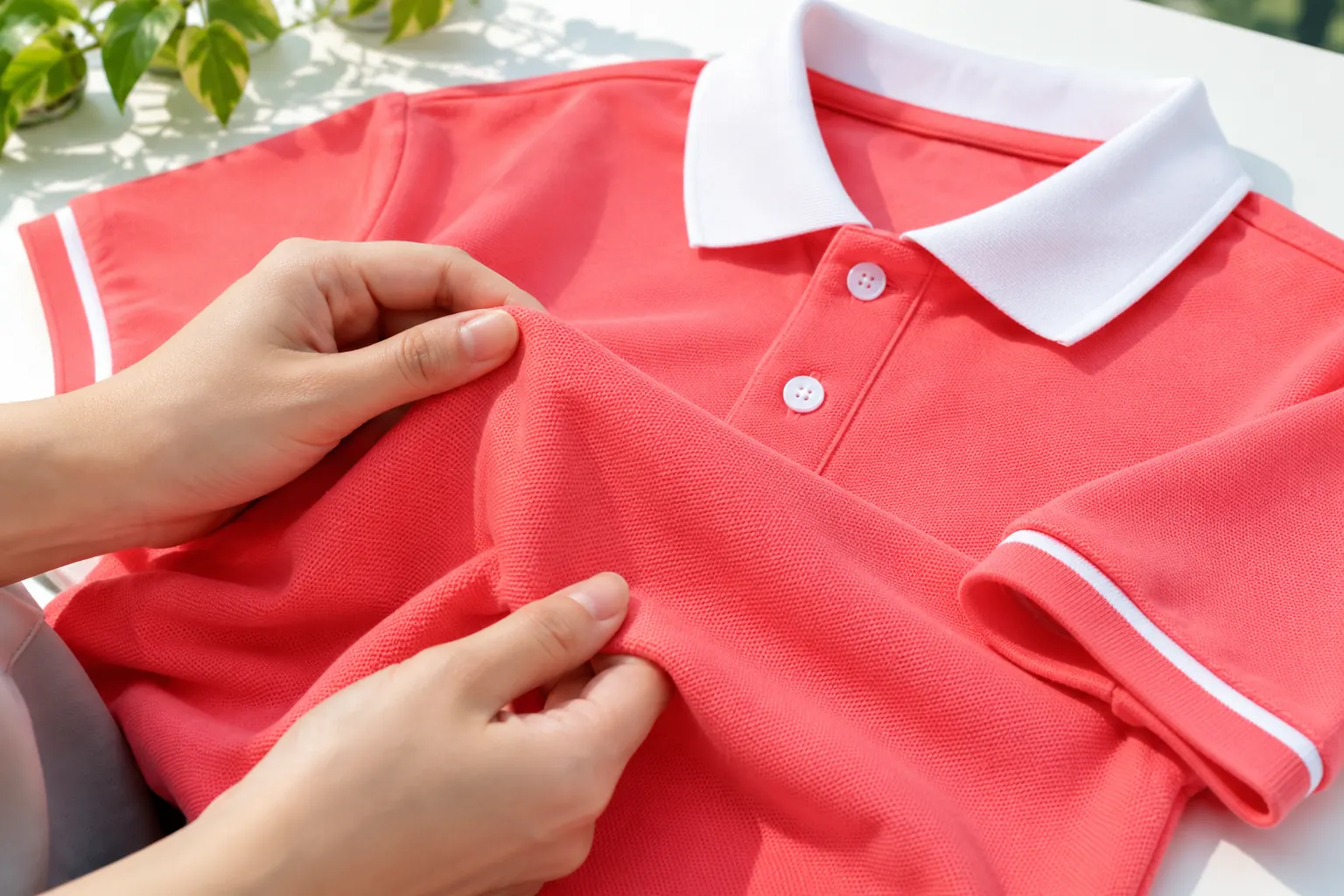 Kiểm tra bề mặt chất liệu áo polo dưới ánh sáng
