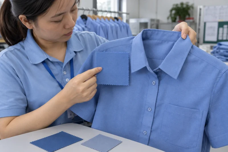 Kiểm tra chất liệu và màu áo đồng phục thành phẩm