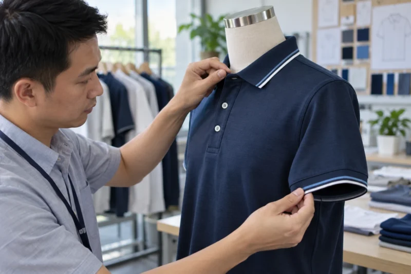 Kiểm tra cổ bo và nẹp áo polo đồng phục