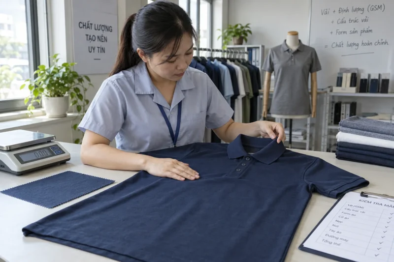 Kiểm tra định lượng vải polo trên áo thành phẩm