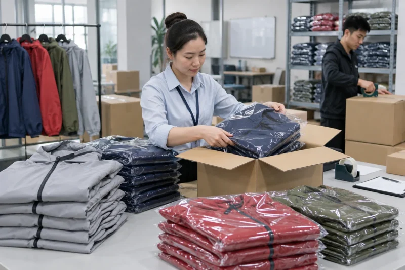 Kiểm tra đóng gói áo khoác gió đồng phục