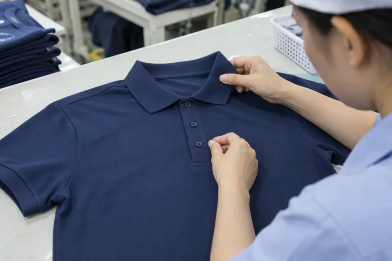 Kiểm tra đường may cổ và nẹp áo polo