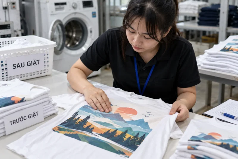 Kiểm tra hình in áo sau giặt thử
