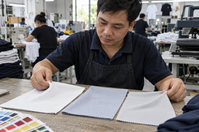 Kiểm tra màu áo và chất liệu trước khi in lụa