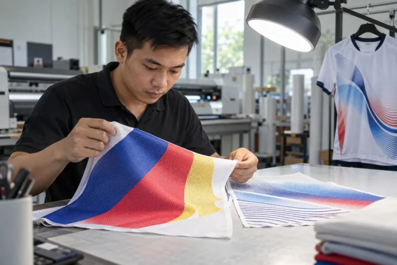 Kiểm tra mẫu vải thun mè có phù hợp in chuyển nhiệt