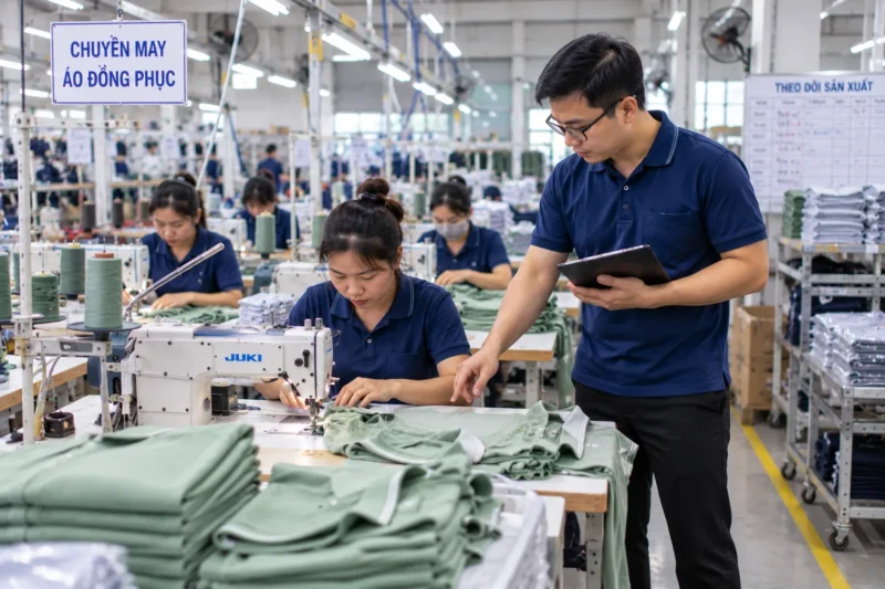 Kiểm tra tiến độ đơn hàng đồng phục trong xưởng