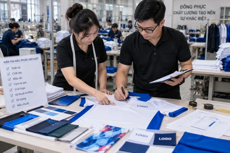 Kiểm tra toàn bộ mẫu đồng phục trước khi xác nhận sản xuất