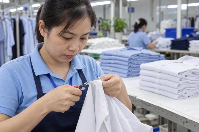 Kiểm tra và xử lý chỉ thừa trên áo đồng phục