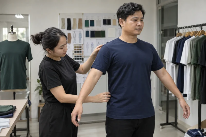 Mặc thử áo đồng phục sau khi kiểm tra thông số1