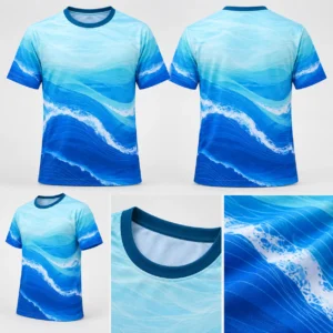 Mẫu áo du lịch in chuyển nhiệt Ocean Flow xanh biển - chi tiết sản phẩm
