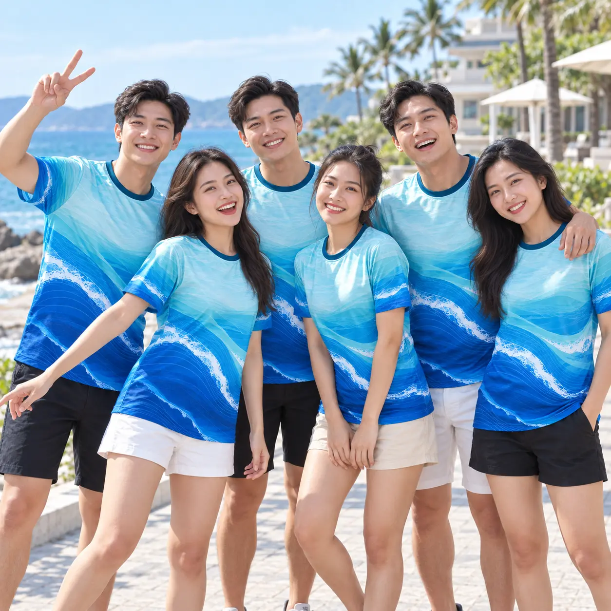 Mẫu áo du lịch in chuyển nhiệt Ocean Flow xanh biển - tập thể mặc thực tế Mẫu áo du lịch in chuyển nhiệt Ocean Flow xanh biển - tập thể mặc thực tế