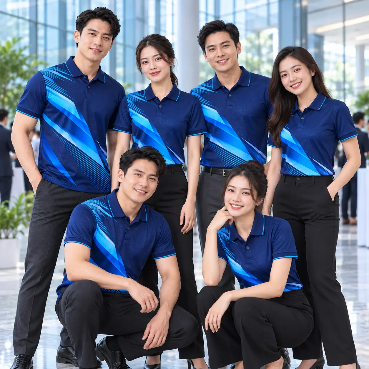 Mẫu áo polo đồng phục in chuyển nhiệt Dynamic Blue navy cyan - tập thể mặc thực tế Mẫu áo polo đồng phục in chuyển nhiệt Dynamic Blue navy cyan - tập thể mặc thực tế