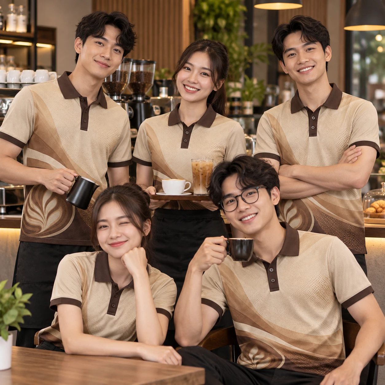 Mẫu áo polo in chuyển nhiệt Premium Cafe nâu be - tập thể mặc thực tế Mẫu áo polo in chuyển nhiệt Premium Cafe nâu be - tập thể mặc thực tế