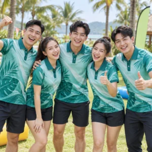 Mẫu áo polo team building in chuyển nhiệt Tropical Team màu tràm - tập thể mặc thực tế