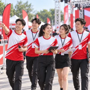 Mẫu áo sự kiện in chuyển nhiệt Brand Activation đỏ trắng - tập thể mặc thực tế