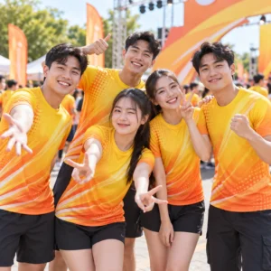 Mẫu áo sự kiện in chuyển nhiệt Sunrise Event vàng cam - tập thể mặc thực tế
