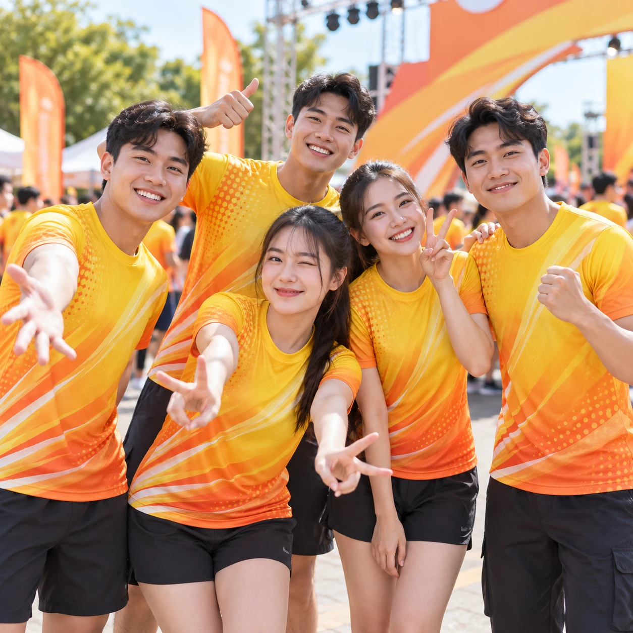 Mẫu áo sự kiện in chuyển nhiệt Sunrise Event vàng cam - tập thể mặc thực tế Mẫu áo sự kiện in chuyển nhiệt Sunrise Event vàng cam - tập thể mặc thực tế