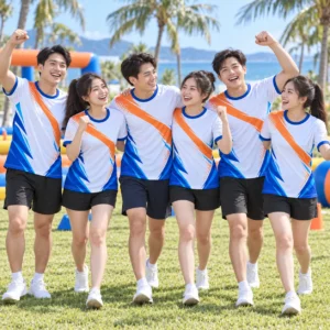 Mẫu áo team building in chuyển nhiệt Team Energy cam xanh - tập thể mặc thực tế