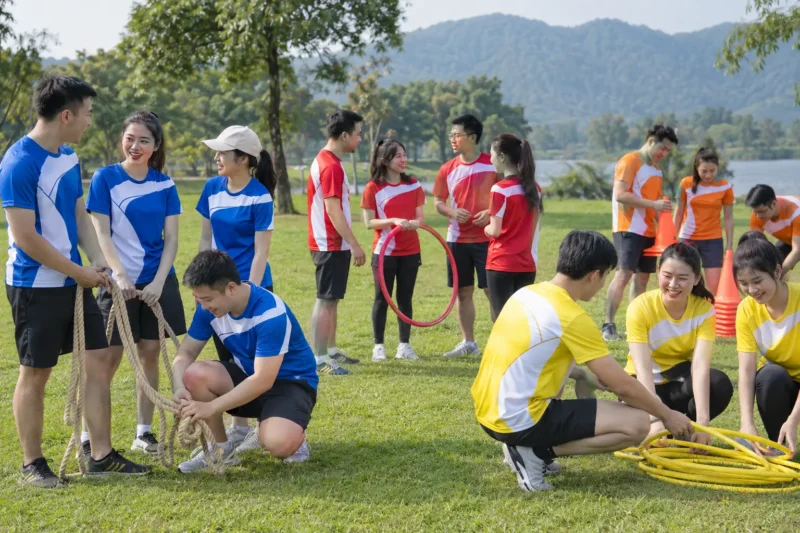 Mẫu áo team building in chuyển nhiệt phối màu theo đội